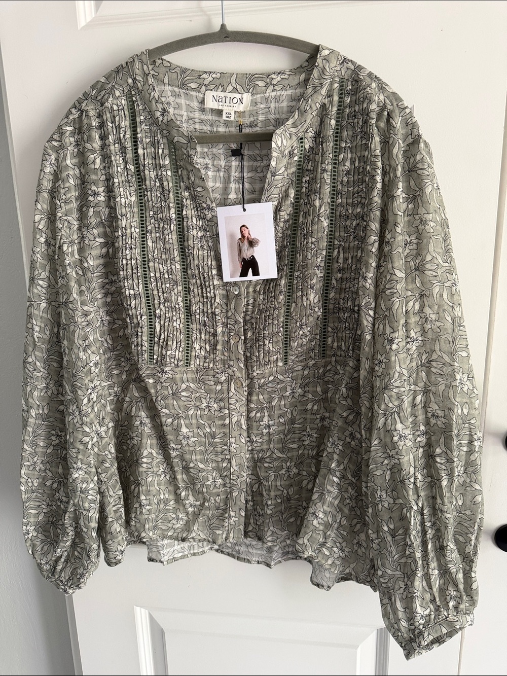 NATION Los Angeles Olive Green Floral Pintuck Peasant Blouse XXL